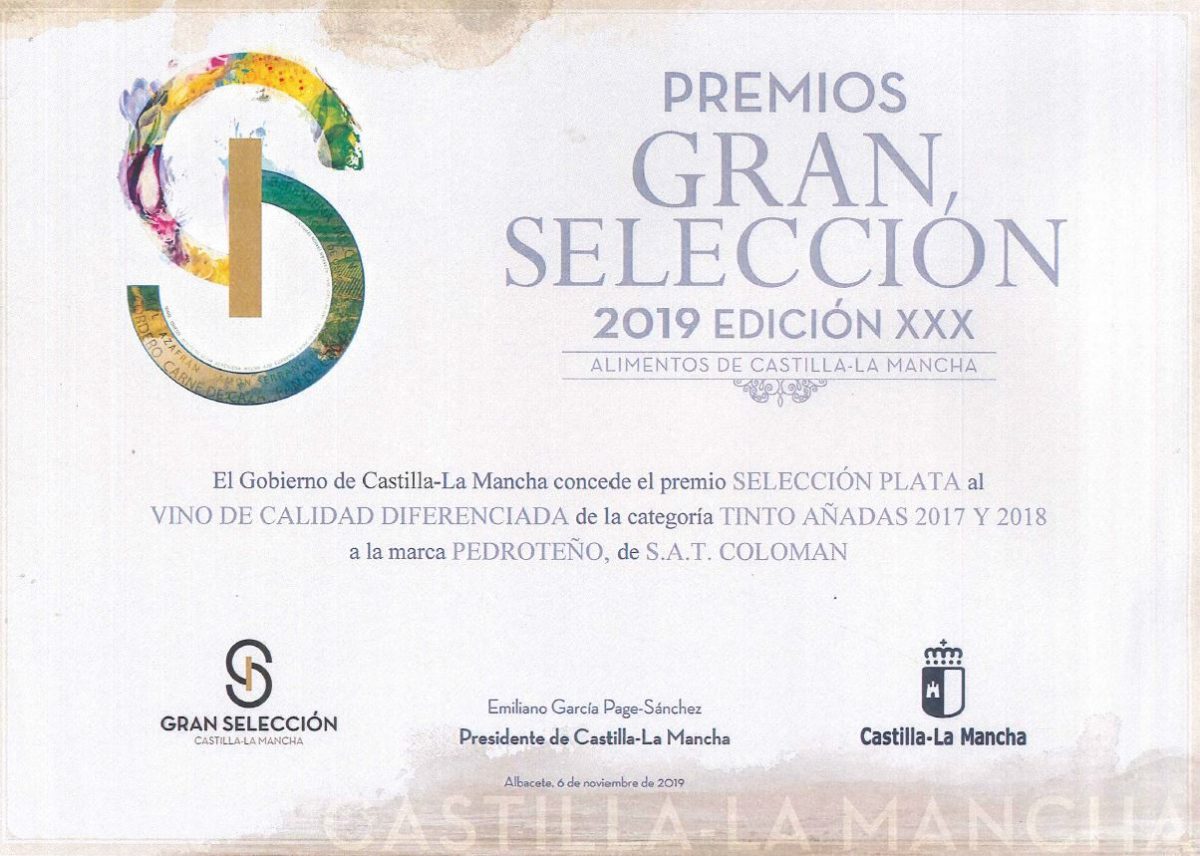 Medalla Plata en los Premios Gran Selección 2019 (Pedroteño Tempranillo)