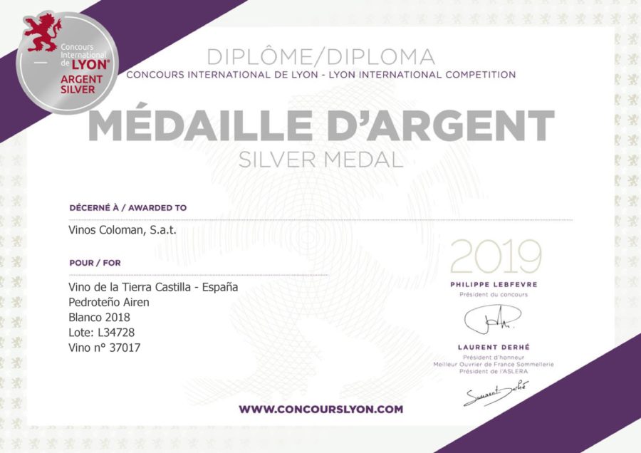 Medalla de Plata en el Concurso Internacional de Lyon 2019 (Pedroteño Airén)